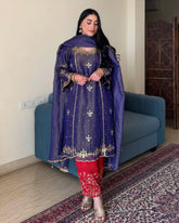 Ready To Wear Purple & Pink Gold Crush Embroidery Work Pant Suit With Dupatta