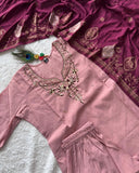 Exclusive Pink-Mehendi Roman Silk Hand Work Pant Suit With Dupatta