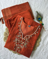 Exclusive Rust Roman Silk Hand Work Pant Suit With Dupatta