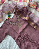 Exclusive Mauve Roman Silk Hand Work Pant Suit With Dupatta