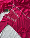 Exclusive Rama & Pink Roman Silk Hand Work Pant Suit With Dupatta