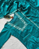 Exclusive Rama & Pink Roman Silk Hand Work Pant Suit With Dupatta