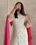 Ready To Wear Cream Soft Georgette Embroidery Work Pant Suit With Pink Dupatta