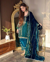 Ready To Wear Bottle Green Jimmy Silk Hand Work Salwar Suit With Dupatta