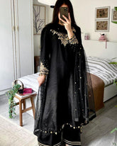 Ready To Wear Black Chinon Silk Embroidery Work Pant Suit With Dupatta