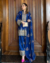 Ready To Wear Blue Chinon Silk Embroidery Work Farshi Suit With Dupatta