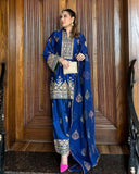 Ready To Wear Blue Chinon Silk Embroidery Work Farshi Suit With Dupatta