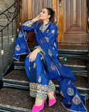 Ready To Wear Blue Chinon Silk Embroidery Work Farshi Suit With Dupatta
