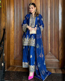 Ready To Wear Blue Chinon Silk Embroidery Work Farshi Suit With Dupatta