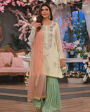 Ready To Wear Yellow & Green Soft Georgette Embroidery Work Gharara Suit With Peach Dupatta