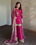 Ready To Wear Hot Pink Chinon Silk Embroidery Work Farzi Suit With Dupatta