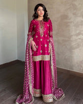Ready To Wear Hot Pink Chinon Silk Embroidery Work Farzi Suit With Dupatta
