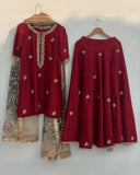 Ready To Wear Red Chinon Silk Embroidery Work Sharara Suit With Dupatta