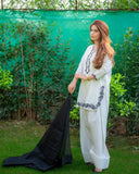 Ready To Wear White Roman Silk Embroidery Work Farshi Suit With Black Dupatta