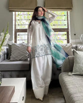 Ready To Wear White Roman Silk Embroidery Work Farshi Suit With Multi Dupatta