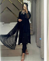 Ready To Wear Pista & Black Satin Silk Sequence Work Pant Suit With Dupatta