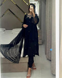 Ready To Wear Pista & Black Satin Silk Sequence Work Pant Suit With Dupatta