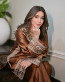 Exclusive Copper Brown Chinon Silk Embroidery Work Pant Suit With Dupatta
