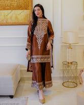 Exclusive Copper Brown Chinon Silk Embroidery Work Pant Suit With Dupatta