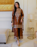 Exclusive Copper Brown Chinon Silk Embroidery Work Pant Suit With Dupatta