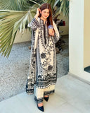 Exclusive White & Black Malai Silk Embroidery Work Pakistani Suit With Dupatta