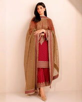 Exclusive Red Chinon Silk Embroidery Work Pant Suit With Brown Dupatta