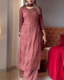 Exclusive Brown Soft Georgette Thread Work Pant Suit With Dupatta