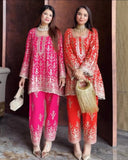 Exclusive Orange & Pink Soft Georgette Sequence Work Pant With Suit