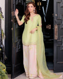 Ready To Wear Pink & Green Crep Silk Embroidery Work Farshi Suit With Dupatta