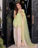 Ready To Wear Pink & Green Crep Silk Embroidery Work Farshi Suit With Dupatta