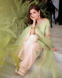 Ready To Wear Pink & Green Crep Silk Embroidery Work Farshi Suit With Dupatta