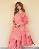 Ready To Wear Peach Chinon Silk Embroidery Work Farshi Suit With Dupatta