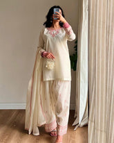 Ready To Wear Cream Cotton Embroidery Work Farshi Suit With Dupatta