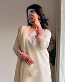 Ready To Wear Cream Cotton Embroidery Work Farshi Suit With Dupatta
