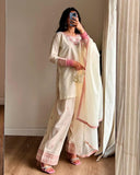 Ready To Wear Cream Cotton Embroidery Work Farshi Suit With Dupatta