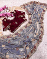 Exclusive Purple , Yellow , Pink & Green Satin Silk Embroidery Work Saree With Blouse