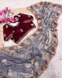 Exclusive Purple , Yellow , Pink & Green Satin Silk Embroidery Work Saree With Blouse