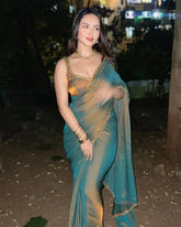 Ready To Wear Copper Green Crush Silk Lace Work Saree With Blouse