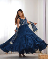 Ready To Wear Blue & Rust Soft Georgette Embroidery Work Anarkali Suit With Dupatta