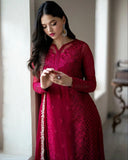 Ready To Wear Cherry Red Soft Georgette Embroidery Work Pakistani Suit With Dupatta