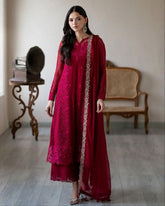 Ready To Wear Cherry Red Soft Georgette Embroidery Work Pakistani Suit With Dupatta