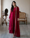 Ready To Wear Cherry Red Soft Georgette Embroidery Work Pakistani Suit With Dupatta
