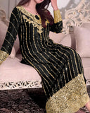 Ready To Wear Pink , Black & Green Chinon Silk Embroidery Work Pakistani Suit With Dupatta