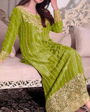 Ready To Wear Pink , Black & Green Chinon Silk Embroidery Work Pakistani Suit With Dupatta