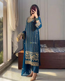 Ready To Wear Blue Chinon Silk Embroidery Work Pakistani Suit With Dupatta