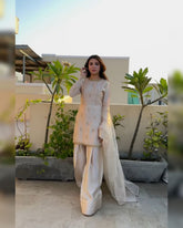 Ready To Wear Cream Satin Silk Embroidery Work Farshi Suit With Dupatta