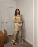 Ready To Wear Beige Gold Satin Silk Thread Work Farshi Suit With Dupatta