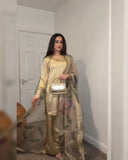 Ready To Wear Beige Gold Satin Silk Thread Work Farshi Suit With Dupatta