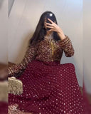Ready To Wear Maroon Soft Georgette Embroidery Work Anarkali Gown With Dupatta