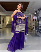 Ready To Wear Blue Soft Georgette Embroidery Work Gharara Suit With Dupatta